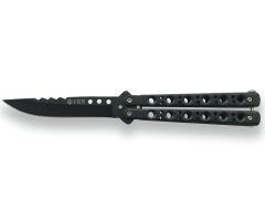 Faca Borboleta JKR, lâmina de 10,3 cm de aço inoxidável azulado, comprimento total 22,6 cm, fecho de pommel, cor preta, JKR515