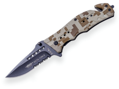 Rescue JKR JKR Delta Force. Faca com abertura . Lâmina de aço inoxidável de 8 cm com serra. Pega em alumínio de. Inclui bainha em nylon - JKR0569.