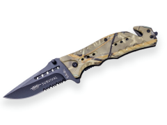 Faca de sobrevivência de Rescue JKR, com abertura . Lâmina de aço inoxidável de 8 cm com serra. Cabo em alumínio de. Inclui bainha em nylon - JKR0570.