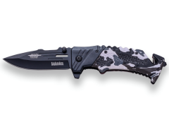 NAVAJA DE RESCATE JKR CON APERTURA , HOJA 8,5 CM Y PUÑO CAMUFLAJE. ROMPE CRISTALES Y CORTA CINTURONES. CON CLIP PARA CINTURÓN - JKR0581.