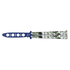 Faca de leque decorada com ilustração verde e lâmina de treino em aço lacado 10,8 cm em azul-marinho, Cabo de Aço, JKR700.