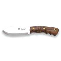 Couteau de chasse Joker "Nessmuk S" CL132-P, lame de 11 cm Sandvik 14C28N, mango bouleau, cuir brun et silex de couverture, outil de pêche, de chasse, de camping et de trekking