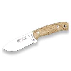 Uma peça montagem de faca Joker com alças de vidoeiro curly e 10,5 cm, folha de 180 gramas, couro, caso CL59 + cartão presente de múltiplos propósitos