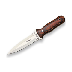 Cuchillo enterizo Joker "Botero" CR67, con cachas en madera roja y hoja de un solo filo de 11,5 cm, funda de cuero, herramienta de pesca, caza, camping y senderismo