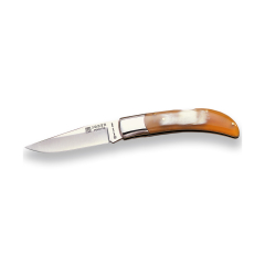 Coltello sportivo artigianale Joker Puntatore, cache corno di toro e lama di 9 cm, 115 gr, ghiera in acciaio inox, NA06 + carta regalo multiuso