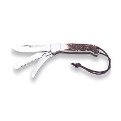 Navaja multiusos Joker "Canguro IV" NC128, hoja acero MOVA de 8 cm, sierra + desollador, cachas asta de ciervo, herramienta de pesca, caza, camping y senderismo