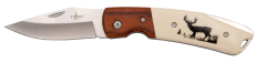 Navaja Third K2465LC, virola de madera, mango de ABS con decoración de ciervo, hoja de acero inox de 7,7 cm.