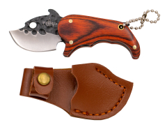 Cuchillo Third K2481, hoja de acero 420 de 3,3 cm amartillada, mango en pakkawood, con funda de polipiel