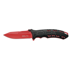 Couteau Third Delta K2797BKD, manche de aluminium noir avec trous, lame de acier inoxydable de 10,5 cm, lame et doublures en rouge. Clip et étui en nylon inclus.