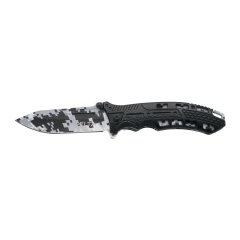 Navaja  Third Delta K2797BKL, mango de aluminio negro con agujeros, hoja de acero inox de 10.5 cm, hoja y liners en camo militar digital azul. Incluye clip y funda nylon