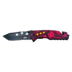 Navaja de seguridad  Third K2801CRDS, Mango de Aluminio recubierto con camo rojo y Hoja de Acero 420 de 10.2 cm con sierra, con cutter cinturón de seguridad y punta rompevidrio.