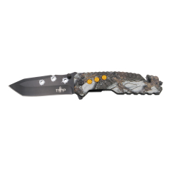 Navaja de seguridad  Third K2801CSL, Mango de Aluminio recubierto con camo gris y Hoja de Acero 420 de 10.2 cm, con cutter cinturón de seguridad y punta rompevidrio.