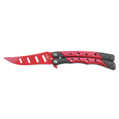 Navaja de abanico de práctica Third K2807RD hoja de acero 420 roja de 12,4 cm, mango de aluminio negro y rojo con agujeros