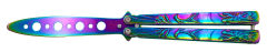 Navaja abanico Third, ideal para entrenamiento y trucos, hoja sin filo de acero 420 con acabado rainbow, mango ergonómico de acero inoxidable.