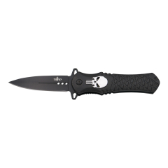 Navaja  Third K2905, mango de aluminio negro con detalle de calavera en plata, hoja de acero 420 de 9.85 cm. Con clip
