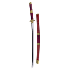 Katana Bambú LED S6053 Sandai Kitetsu de Zoro de One Piece réplica no oficial de 68,5 cm hoja de bambú acabada en negro con dentado en plata, con tira de led en color blanco, mango con encordado burdeos con piel de imitación de raya color negro. Mecanismo