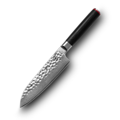 Coltello SANTOKU KOTAI de della collezione "Pakka Ladies" con lama de 18cm in acciaio inox de lama Damasco de high carbon AUS-10 con manico de legno Pakka e custodia de bamboo