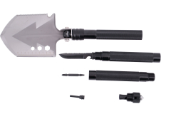 Pala táctica Third M9809 de acero 420 de  cm total, mango de aluminio, con 11 usos distintos en la misma pieza. Con funda de nylon.