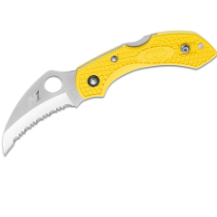 Couteau pliant Spyderco STE-C28SYL2HB Dragonfly 2 Salt Hawkbill, lame de 5.8cm en acier H1 SpyderEdge ultra résistant à la corrosion, manche FRN jaune. Comprend un clip ambidextre 