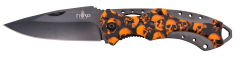 Theird couteau modèle N66N lame de acier 420 finition noire de 9 cm, manche de Aluminium avec camouflage tête de mort orange et noir.