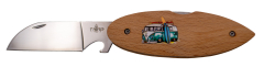 Navaja Third N74F modelo Surf mango de madera de haya con impresión de furgoneta por dos lados, hoja de acero 420 acabada en brillo espejo de 7,3 cm con abrelateas, navaja de bloqueo trasero.