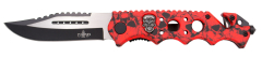 Faca Third N88R cabo de alumínio com padrão revestido de camuflagem de caveiras vermelhas, furos no el do cabo e caveira. Lâmina de 9 cm com acabamento acetinado com padrão rasgado horizontal, corte e detalhes em preto. Com clip. 