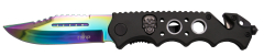 Navaja Third N88W mango de aluminio negro con agujeros y calavera. Hoja de 9 cm bañada en titanio rainbow. Con clip.