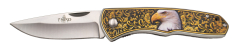 Navaja Third N90A mango de aluminio con imprimación 3D de damasquinado y águila en el centro, imprimación a dos caras, hoja de acero 420 de 9 cm.