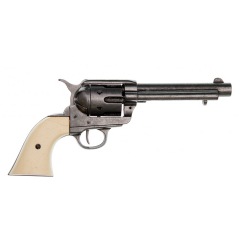 Réplica de revólver calibre 45 Peacemaker de  5½" diseñado por Samuel Colt  en el año 1873 fabricado en metal y cachas de plástico imitación marfil, con mecanismo simulador de carga y disparo y tambor giratorio.