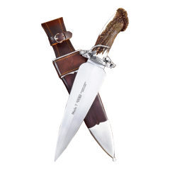 Cuchillo de remate Muela Podenco PODENCO, puño con asta de ciervo, guarda y moneda de plata de ley, hoja de acero inoxidable MOVA de 24,5 cm + tarjeta multiusos de regalo