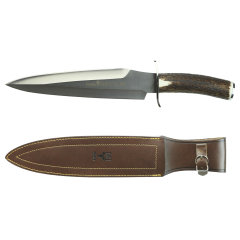 Cuchillo de caza y deportivo Muela REHALA-27A, Puño de asta de ciervo, Hoja de 27 cm acero Nitro-45 y grosor de 5 mm. Incluye funda de cuero marrón + Tarjeta Multiusos de Regalo.