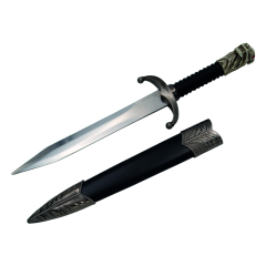 Daga Garra Jonh Snow replica non ufficiale S0170S, pomello a forma di lupo avorio con occhi rossi, protezione in nichel con impugnatura nera, totale 31 cm con lama in acciaio, guaina nera.
