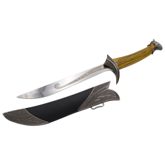 Réplique miniature de l'épée Orque du Seigneur des Anneaux, poignée et garde couleur nickel, manche couleur bois, longueur 40 cm, lame acier, fourreau noir.