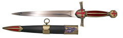 Adaga templária S0299, o punhal é acabado em bronze antigo com a cruz em vermelho e a pega em bronze e vermelho. O tamanho total é de 40 cm com lâmina de aço. A bainha está acabada em plástico preto.
