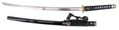 Katana fonctionnel S0328 de 104 cm lame de acier, fourreau de bois laqué noir avec détails en métal, poignée en corde noire. Avec support.