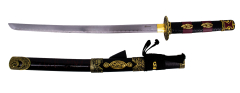 Wakisashi S2024M 76 cm Klinge de Stahl, Scheide de schwarz lackiertem Holz mit roten Details und Kunstleder de Schlange, Griff mit Kunstleder de schwarze Schlange und roten Details de Kunstleder. Mit Ständer.