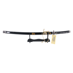 Katana S2218 Hattori Hanzo Kill Bill Hattori "The Bride" replica non ufficiale 100 cm di foglia d'acciaio, mango con supporto nero con corde, dettaglio leone in guaina e foglia.