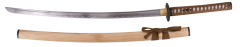 Katana Funcional S2220 de 102 cm hoja de acero al carbono AISI 1045 con filo, con vaina color madera y encordado marrón, tsuba de recambio, con soporte y caja de madera