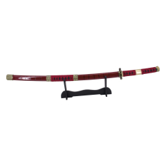 Katana S5019 Sandai Kitetsu de Zoro de One Piece réplica no oficial de 103 cm hoja de acero negra con dentado satinado, mango con encordado burdeos, con soporte. Ref. S5019