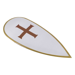 Escudo metálico modelo templario alargado S4001, hecho en metal con resortes traseros para poder colgar para decoración, tamaño 90 cm x 38 cm