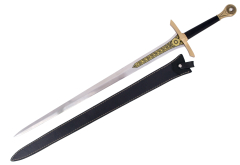 Épée d'Elendil Les Anneaux du Pouvoir. Réplique non officielle, poignée en or poli, pommeau avec un soleil et une perle au centre. Lame en acier poli avec gravure en or et en noir. Fourreau inclus.