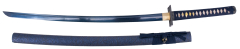 Katana funzionale S6039 de 104 cm di lama de acciaio de damasco blu, fodero de legno foderato con panno decorato blu, impugnatura in cuoio blu de striscia autentica. Con supporto.