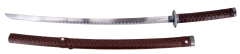 Katana S6044R de pelle marrone con decorazione de 101 cm lama de acciaio, manico con incordatura de pelle marrone, con supporto.
