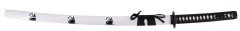 Katana Black Swan S6056L de 103,5 cm com lâmina de aço, bainha de madeira lacada em white com threeblack swans, alça com imitação de couro de de listra e cordas pretas, o tsuba é um cisne. Com suporte.