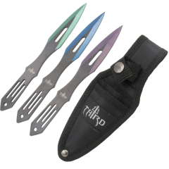 Set de cuchillos lanzadores Third H7122 de 3 piezas de 16.5 cm de acero 420 con corte anodizado de tres colores colores (Azul, verde y morado). Con funda de nylon. Ref. H7122.