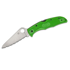 Spyderco STE-C91FSGR2 Pacific Salt Couteau de chasse à 2 lames Lame dentelée satinée SpyderEdge en acier LC200N ultra résistant à la corrosion, 9,6 cm de long avec manche FRN vert - Comprend un clip de poche en acier inoxydable 4 positions