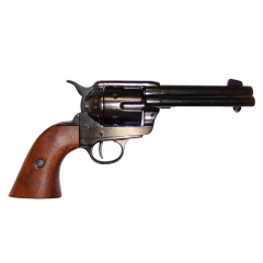 Réplica de revólver calibre 45 Peacemaker de 4,75" diseñado por Samuel Colt en 1873, fabricado en metal y madera, con mecanismo simulador de carga y disparo y tambor giratorio de color negro