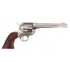 Réplica de revólver de caballería Peacemaker calibre 45, diseñado por Samuel Colt en 1873 fabricada en metal y madera, con mecanismo simulador de carga y disparo, y con tambor giratorio color plata