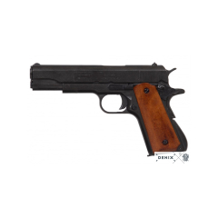 Réplica de Pistola automática calibre 45M1911A1, Fabricada por John M. Browning, , en los Estados Unidos USA en el año de 1911 durante la 1ª y 2ª Guerra Mundial, en metal  y cachas de madera, con caño ciego, no funciona, para decoración 