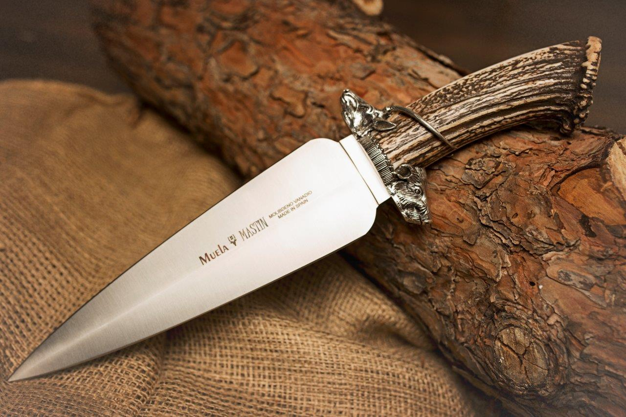 Leilão Muela faca Mastin MASTIN. E, punho com chifre de veado, chapa de aço inoxidável MOVA de 24,5 cm, apresentação no caso de madeira + cartão presente de múltiplos propósitos